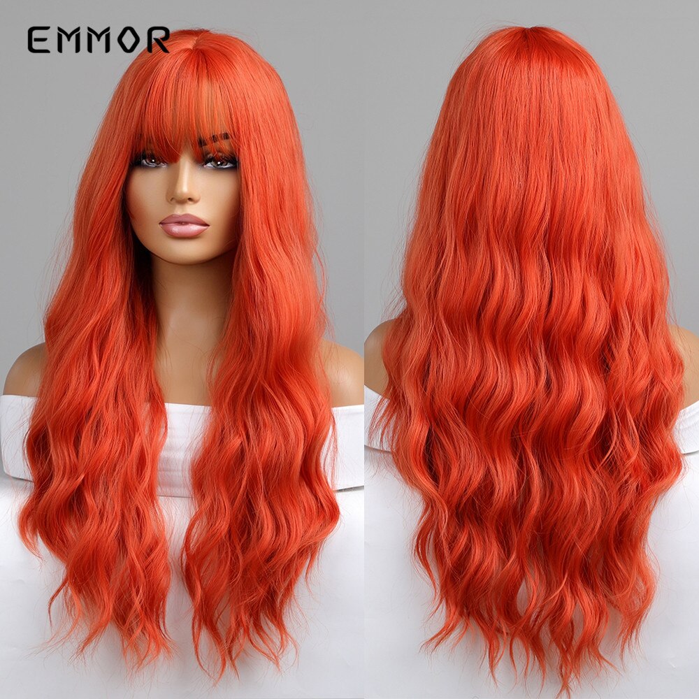 Synthetic Middle Dark Red with Bangs for Women Natural Long Water Wavy Cosplay Hairstyle Heat Resistant Fiber Hair Wigs