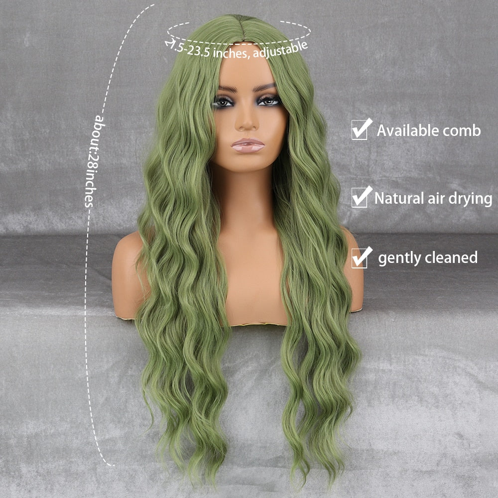 Long Wavy Green Synthetic Wig Women's Heat-Resistant Natural Half Part Cosplay Party Lolita Red Black Pink Wig