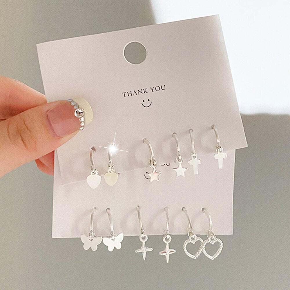Silver Color Butterfly Lightning Drop Earrings Set for Women Geometric Heart Cross Flower Acrylic Earrings Jewelry