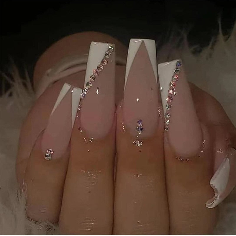 24Pcs Full Cover False Nails with Glue Long Square Coffin Fake Nails French Detachable Ballet Love Pattern Design Press on Nails