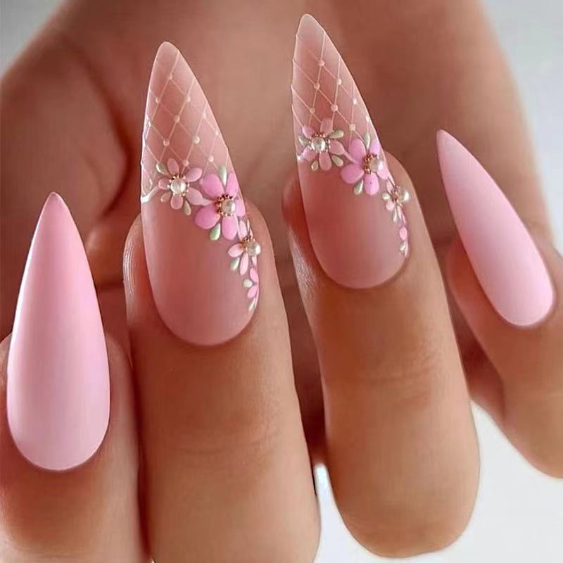 24pcs Almond Full Cover y2k black Sweet Fake Nails with glue cool Stiletto press on nails French artificial Nails With designs