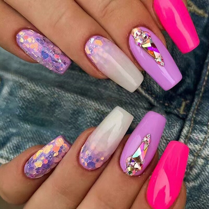 24Pcs Wearable False Nails with glue Long Ballerina Pink Press On Nails French Full Cover Coffin Fake Nails tip with rhinestones