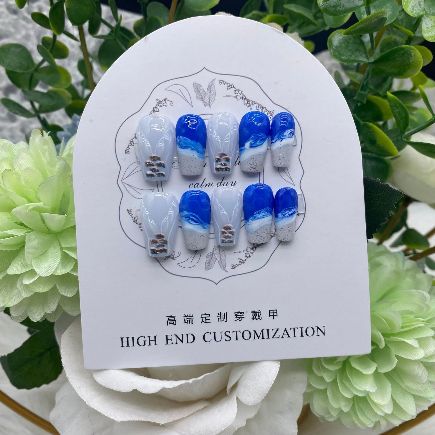 Blue Whale Handmade Wearable Fake Nails Mermaid Ocean Wearing Nails Sticker Reusable Press On Nail Patches Decoration