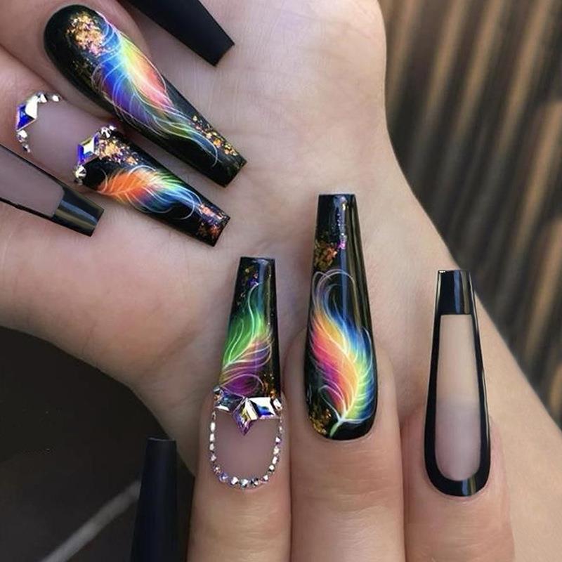 24Pcs Wearable False Nails with glue Long Ballerina Pink Press On Nails French Full Cover Coffin Fake Nails tip with rhinestones