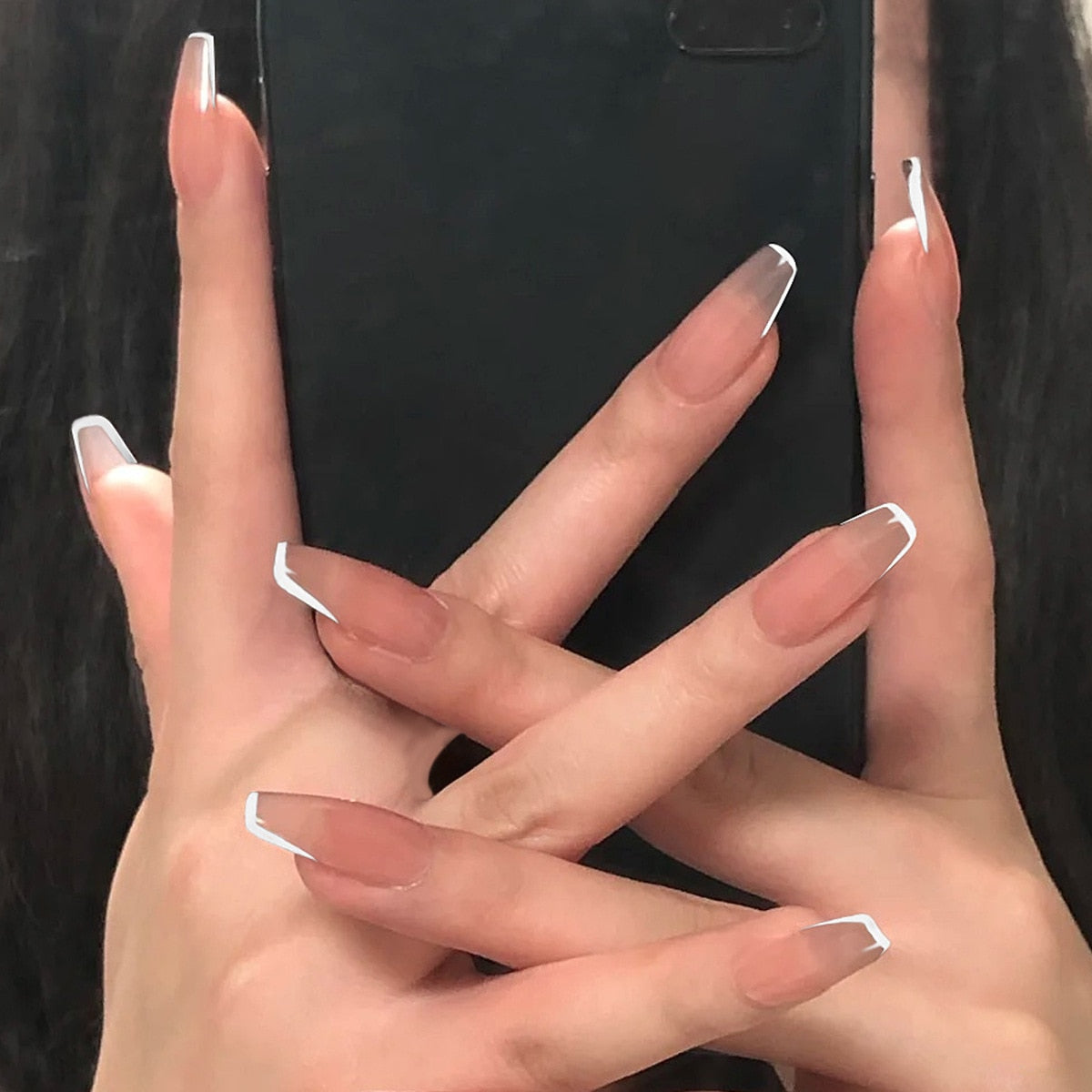 24pcs Press on Nails Short Fake Nails with Glue Jelly Gradient Design Detachable Artificial Nail Acrylic Coffin False Nails Tips