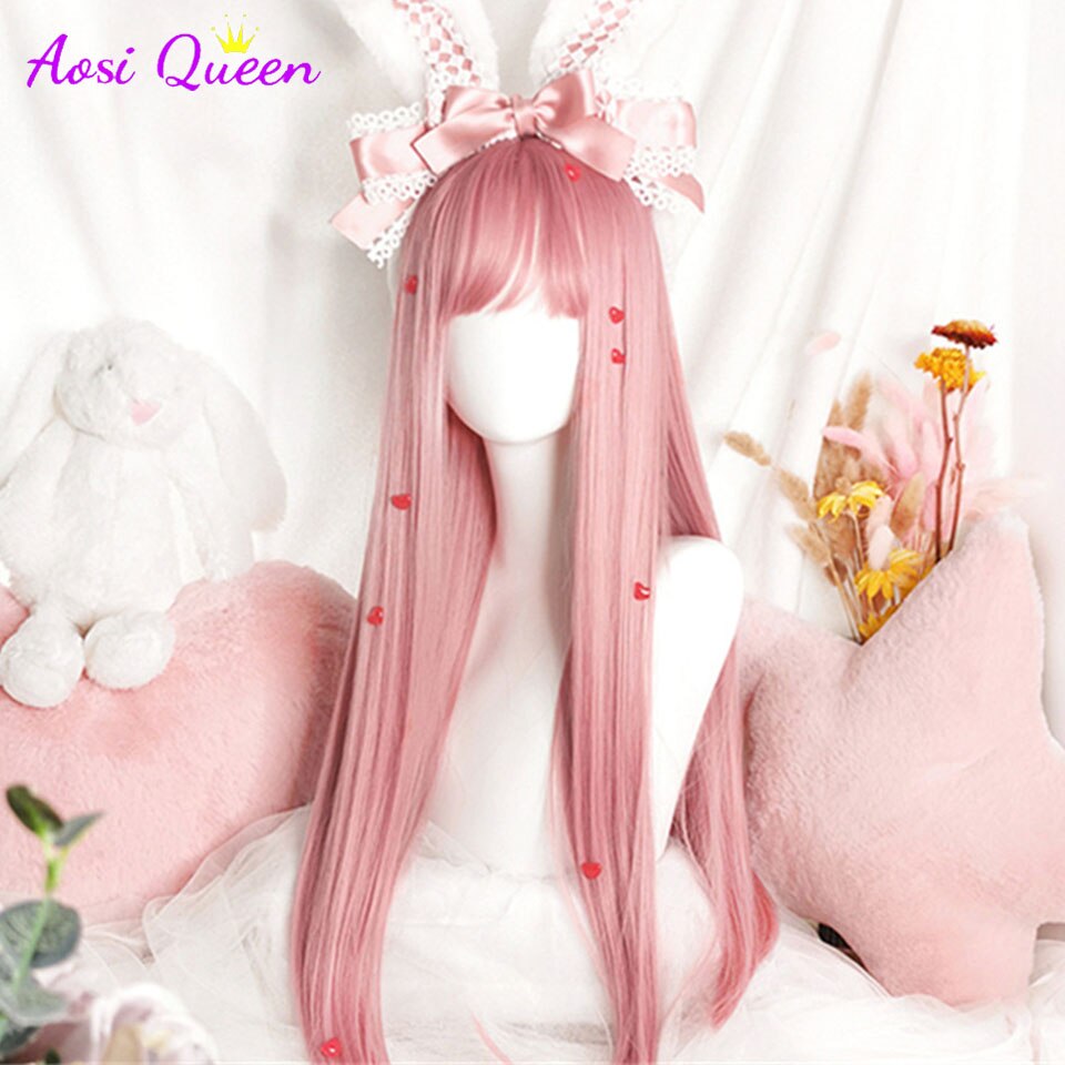 Cosplay Wig With Bangs Synthetic Straight Hair 24 Inch Long Heat-Resistant Pink Wig For Women