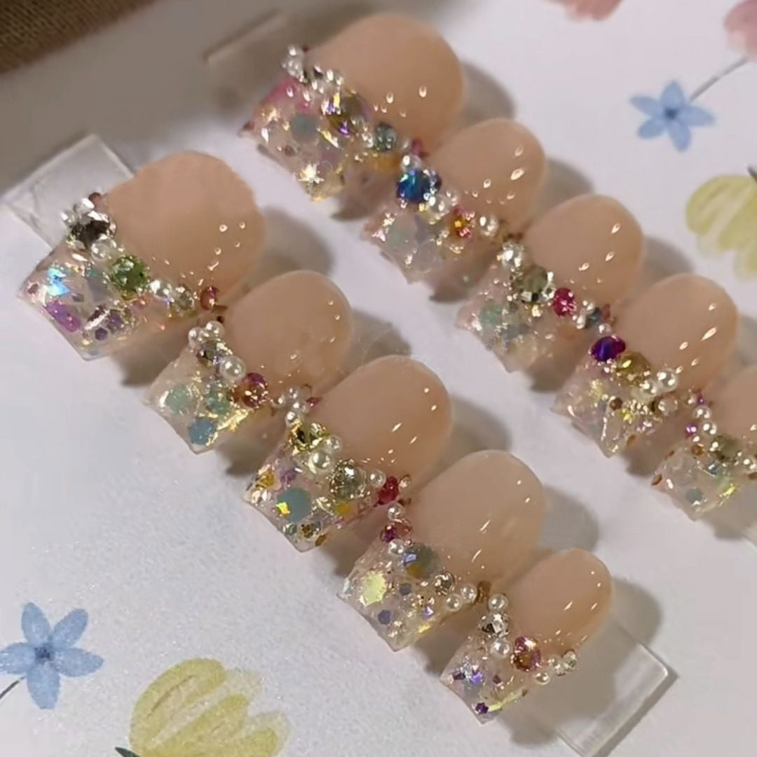 Sequins French Style Coloured Diamonds Handmade Fake Nail Pearl Shiny Reusable Nail Art Wearable Nail