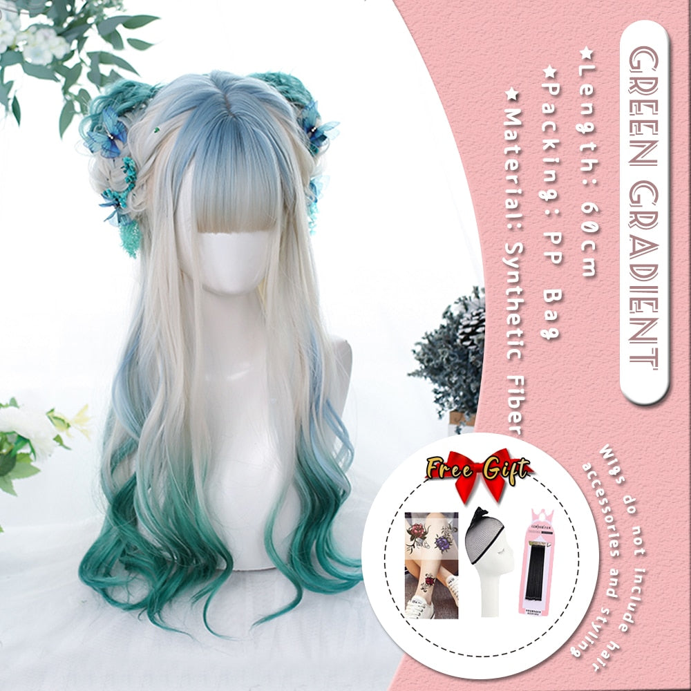 Extra Long Curly Hair with Bangs Cosplay Party Lolita Synthetic Wigs Heat Resistant Fiber
