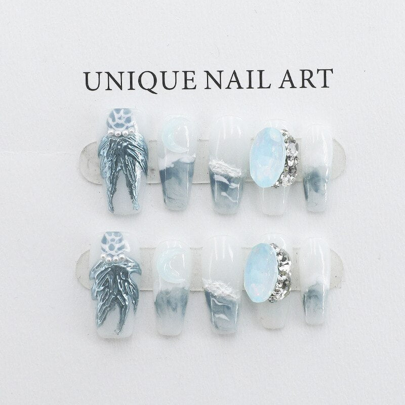 Fishtail Style Handmade Fake Nail Pink And  Blue With Pearls Medium T-shaped Removable And Reuse Press On Nail Sticker With Glue