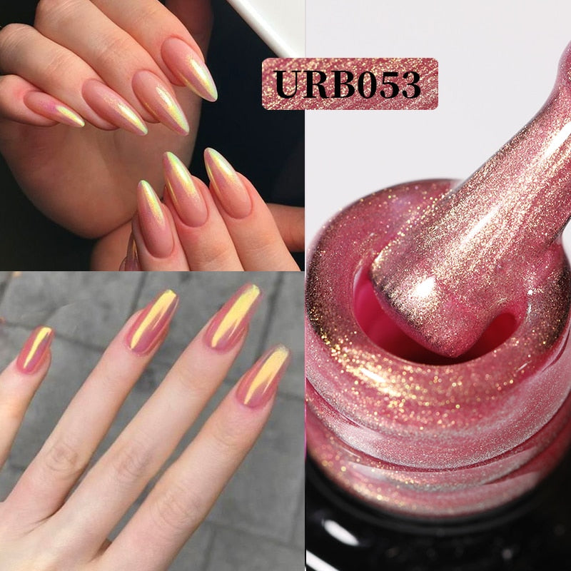 Aurora Rubber Gel Nail Iridescent Pearl Effect Metallic Mirror Nails Manicure Soak Off UV LED No Wipe Top Coat Base Gel