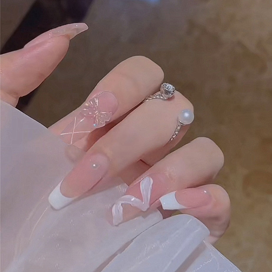 24pcs Butterfly decorated false nails Removable Long Paragraph Manicure fake nail tips full cover acrylic for girls nail