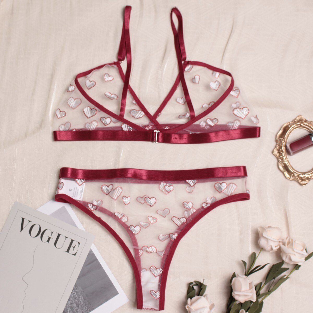Women Lace Sensual Lingerie Set Sexy Dot Thong Erotic Underwear Mesh See Through Heart Ring Bra Bandage G-string Panties Suit
