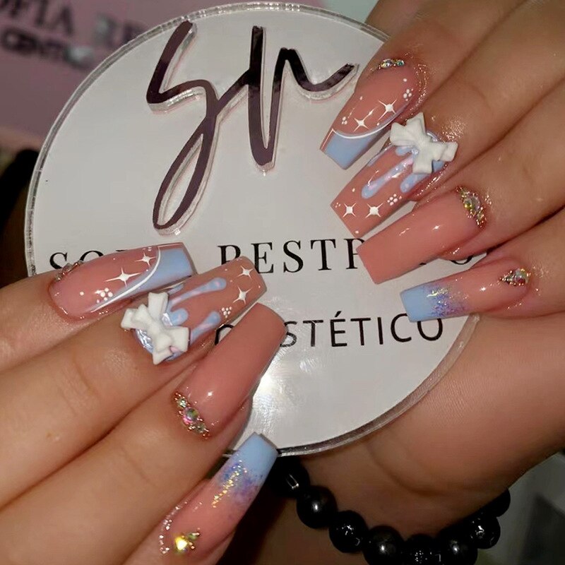 24Pcs Wearable False Nails with glue Long Ballerina Pink Press On Nails French Full Cover Coffin Fake Nails tip with rhinestones