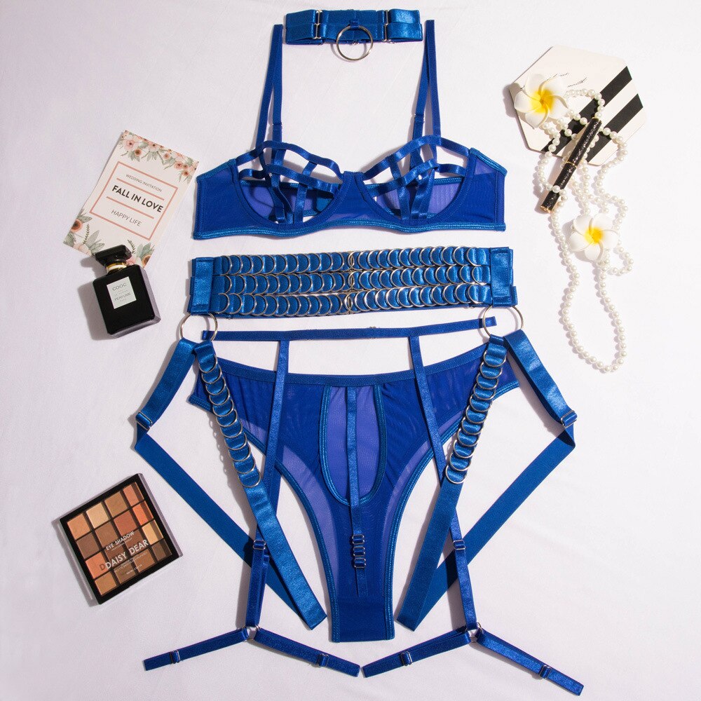 Sensual Lingerie Hollow Bra Sexy Underwear Women Body Garter Belt With Rings Naked Without Censorship 3-Piece