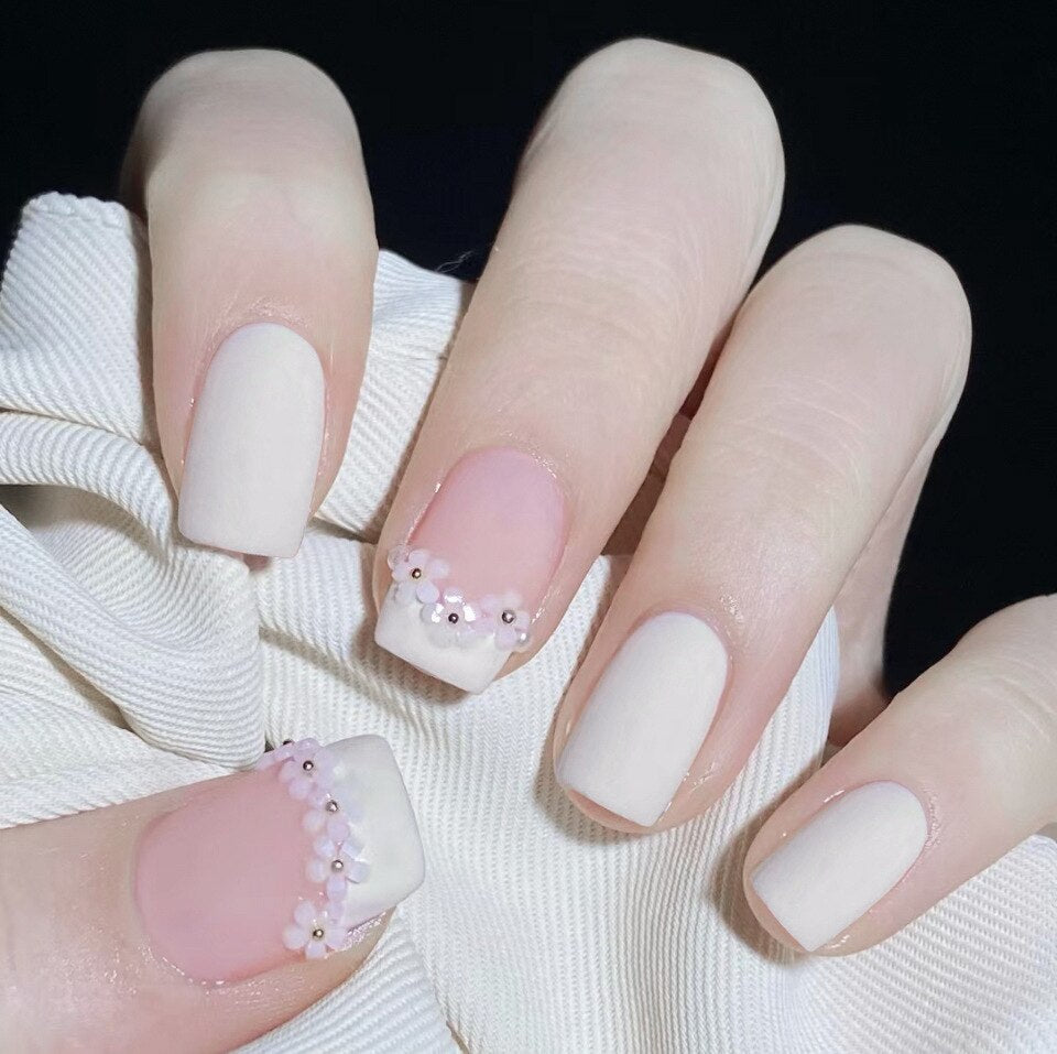 Fake Nails Sets Press on Ballet False Nails with Flower Designs Removable Acrylic Artificial Nails Glitter Nails Art Long Tips