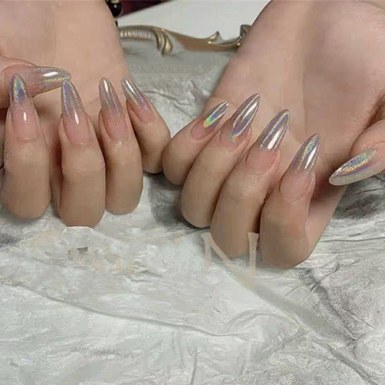 24PCS/Box Pearl Powder Milk White False Nails Round Head with Glue Long Ballet Wearable Fake Nails Full Cover Press on Nail Tips