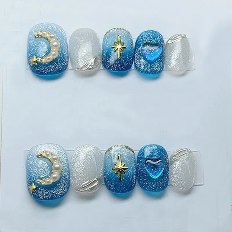 Blue Whale Handmade Wearable Fake Nails Mermaid Ocean Wearing Nails Sticker Reusable Press On Nail Patches Decoration