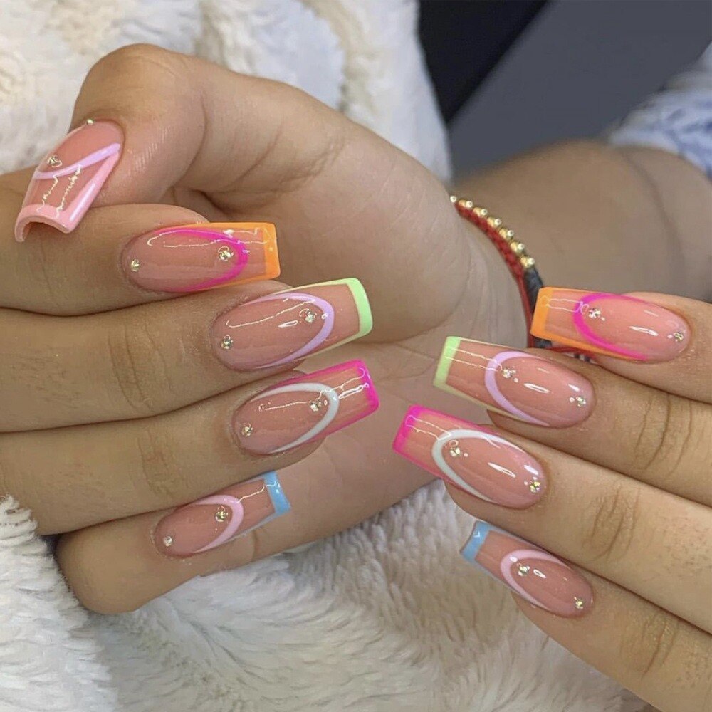 Long Ballet False Nails French With Rhinestones Artificial Handmade coffin Fake Nails Manicure Press on Nail Seamless Removable