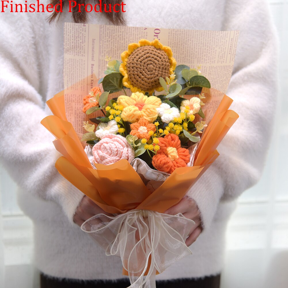 Finished Product Knitting Flowers Rose Tulip Fake Flowers Bouquet Wedding Decoration Hand-woven Home Decorate Knit Flower Gifts