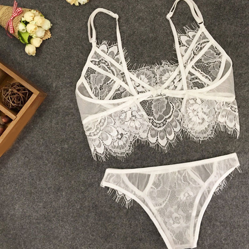 Women Sexy Lace Underwear Set Erotic Ladies Lingerie See-through Bra Thong Mini Babydoll Briefs Underpants Black Bodysuit