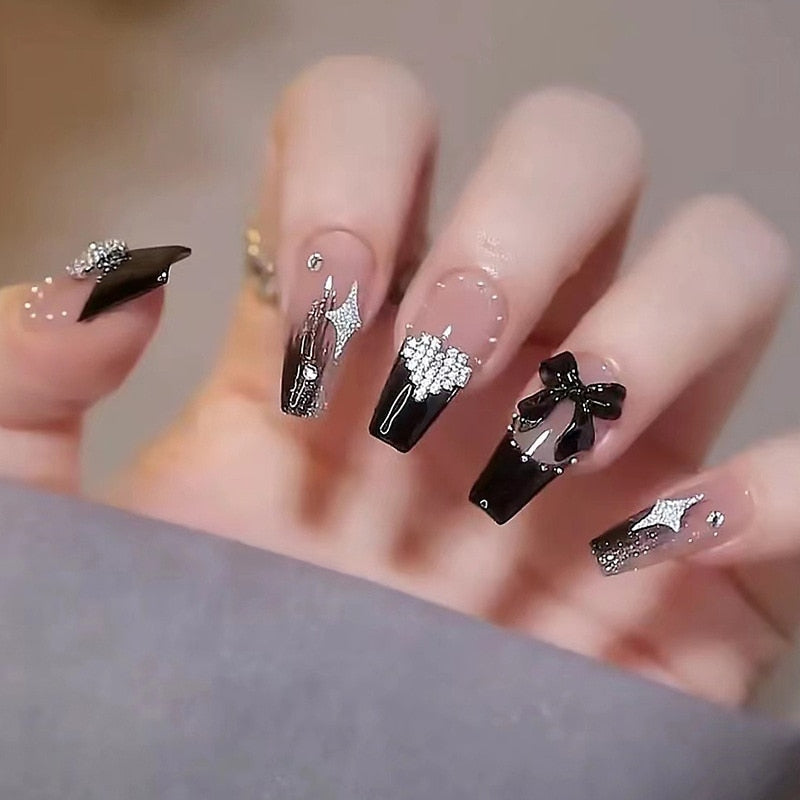 24pcs Butterfly decorated false nails Removable Long Paragraph Manicure fake nail tips full cover acrylic for girls nail