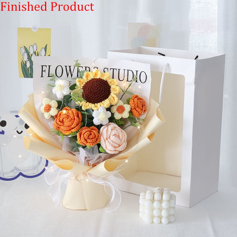 Finished Product Knitting Flowers Rose Tulip Fake Flowers Bouquet Wedding Decoration Hand-woven Home Decorate Knit Flower Gifts