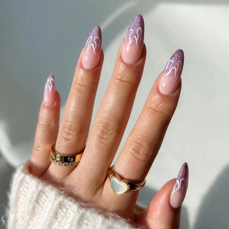24pcs Almond Full Cover y2k black Sweet Fake Nails with glue cool Stiletto press on nails French artificial Nails With designs