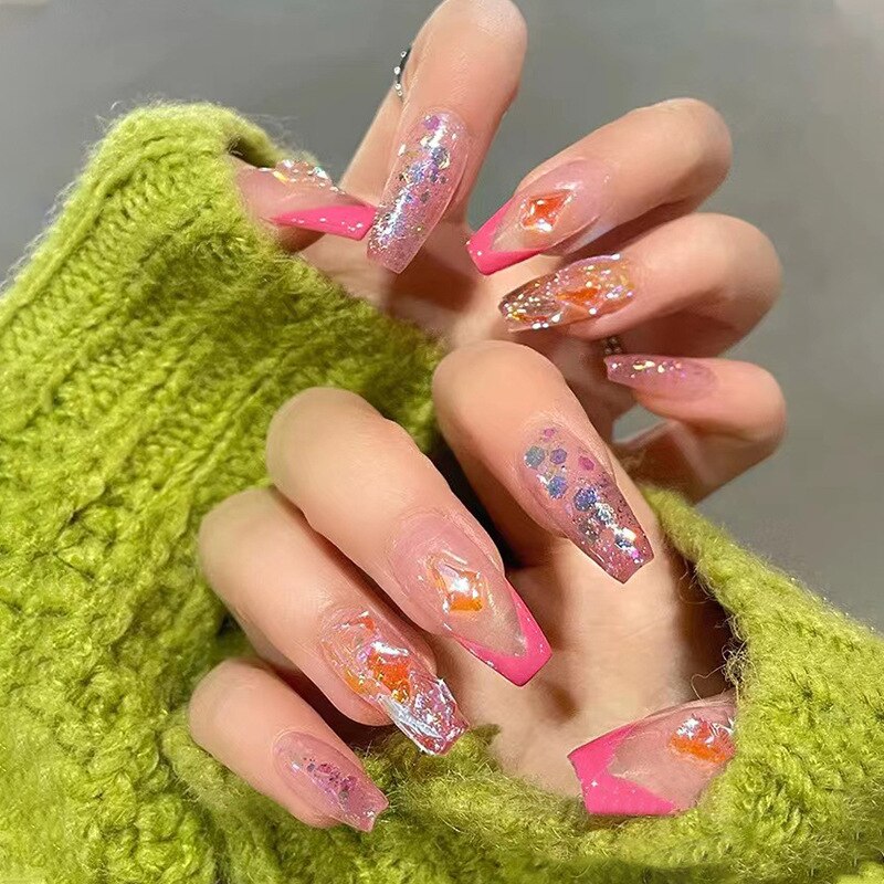 24pcs Butterfly decorated false nails Removable Long Paragraph Manicure fake nail tips full cover acrylic for girls nail