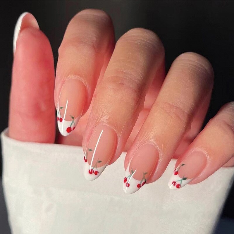 24pcs pink clouds design false nails with glue press on nails medium length acrylic nails coffin full cover nails tips supplies