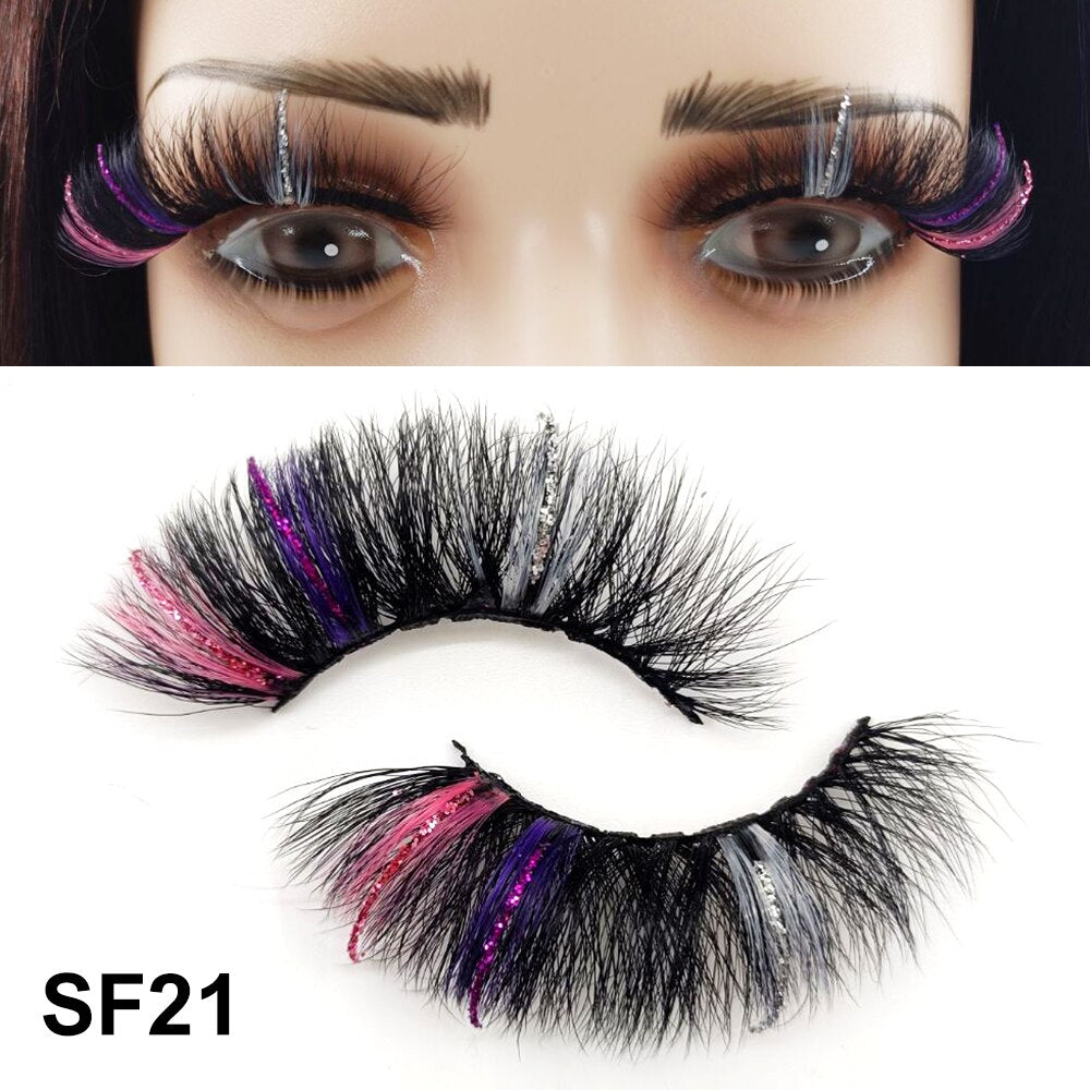 5D Fluffy 18-22MM Glitter Mink Lashes 1 Pair Party Colored Mink Eyelashes Box Package Rainbow Pink White Fake Eyelashes
