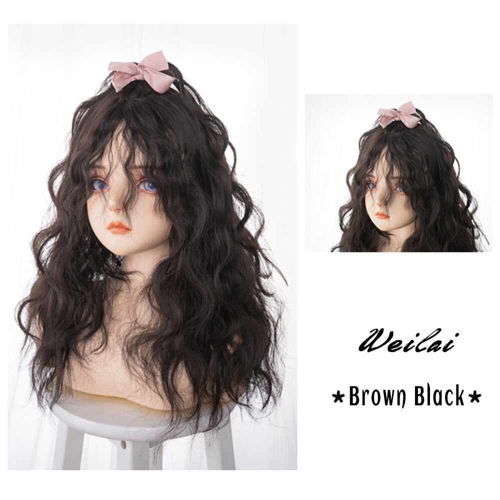 Brown Black Gold Wool Roll Synthetic Wig For Women Long Roll Wig Bangs Cosplay Party Heat Resistant Hair