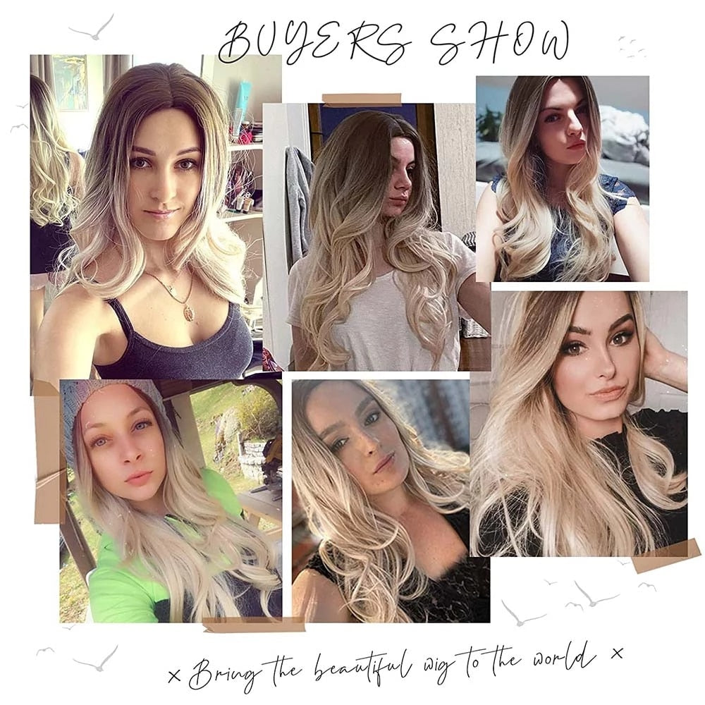 Brown to Light Blonde Ombre Platinum Synthetic Wig for Women Long Wavy Middle Part Hair Wig Cosplay Natural Heat Resistant