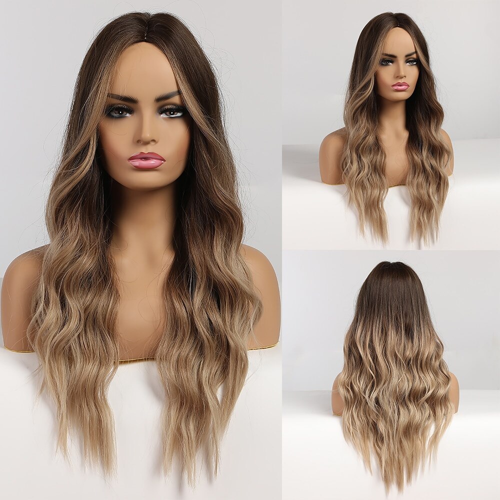 Brown to Light Blonde Ombre Platinum Synthetic Wig for Women Long Wavy Middle Part Hair Wig Cosplay Natural Heat Resistant