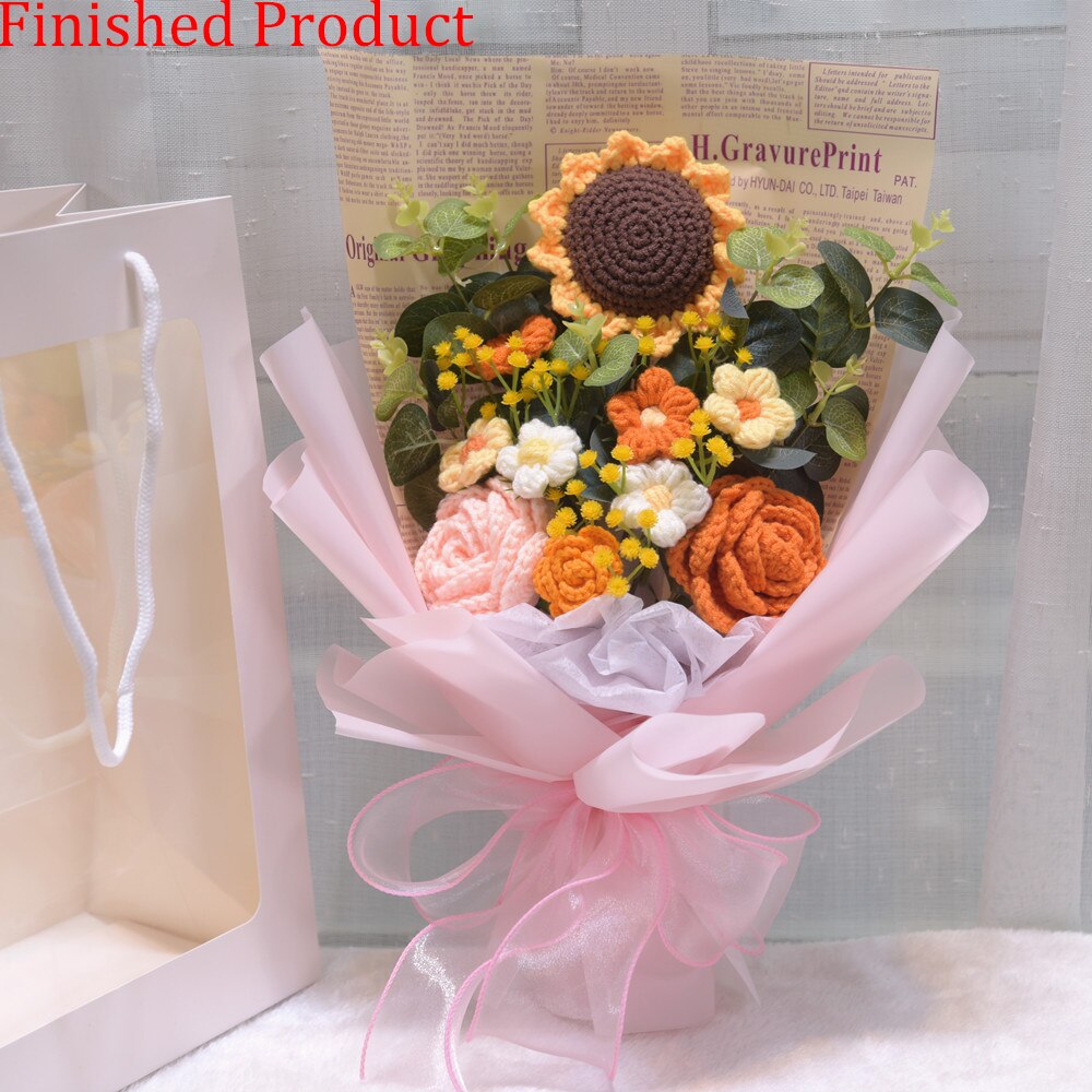 Finished Product Knitting Flowers Rose Tulip Fake Flowers Bouquet Wedding Decoration Hand-woven Home Decorate Knit Flower Gifts
