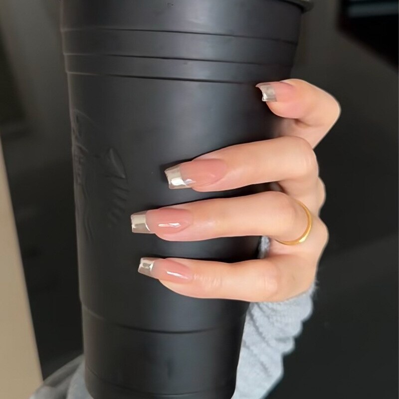 24pcs pink clouds design false nails with glue press on nails medium length acrylic nails coffin full cover nails tips supplies