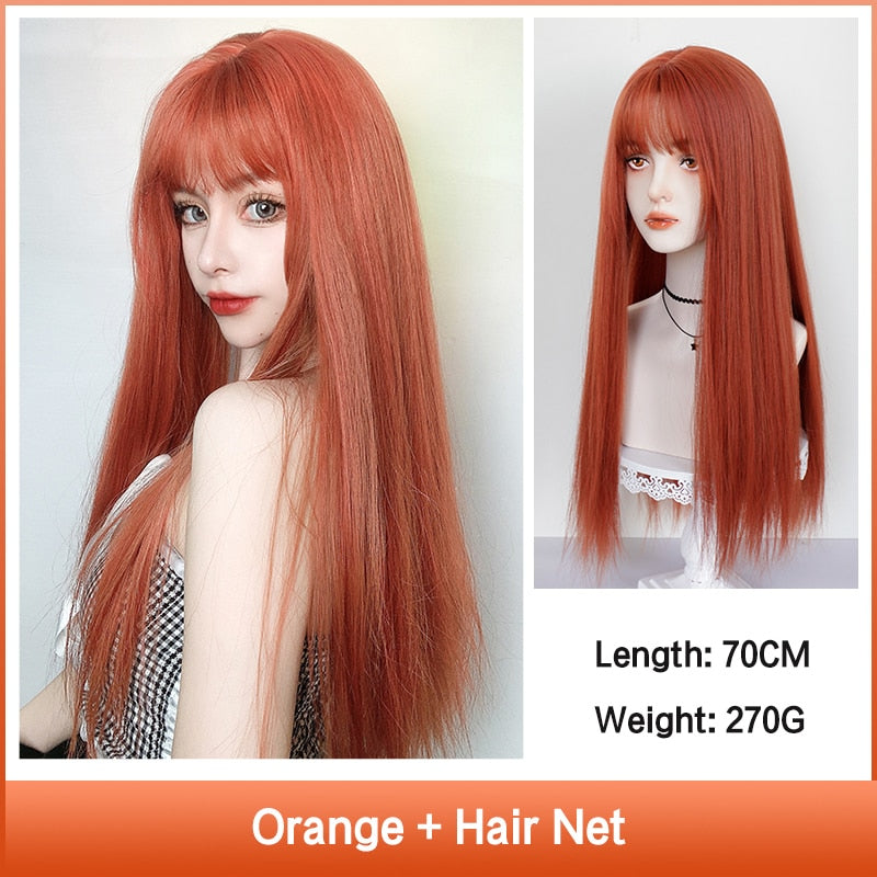 Cosplay Wig With Bangs Synthetic Straight Hair 24 Inch Long Heat-Resistant Pink Wig For Women