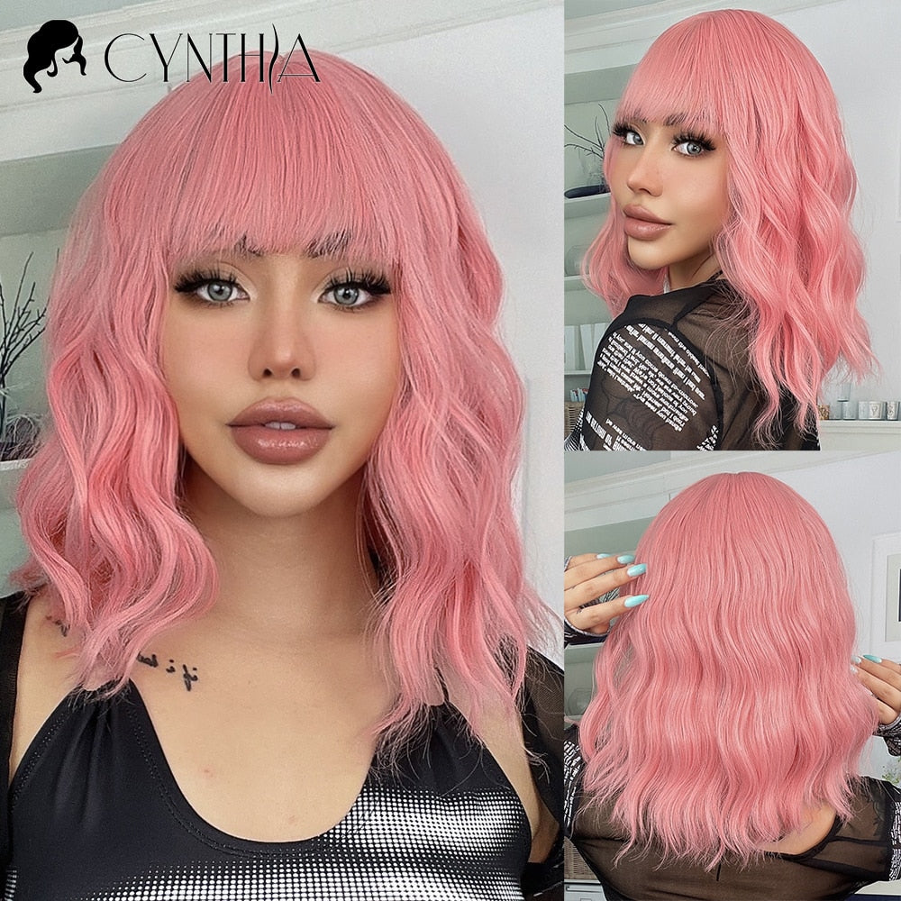 Ombre Blonde Short Bob Synthetic Wig For Women With Bangs White Gold Body Wave Cosplay Lolita Natural Heat Resistant Hair