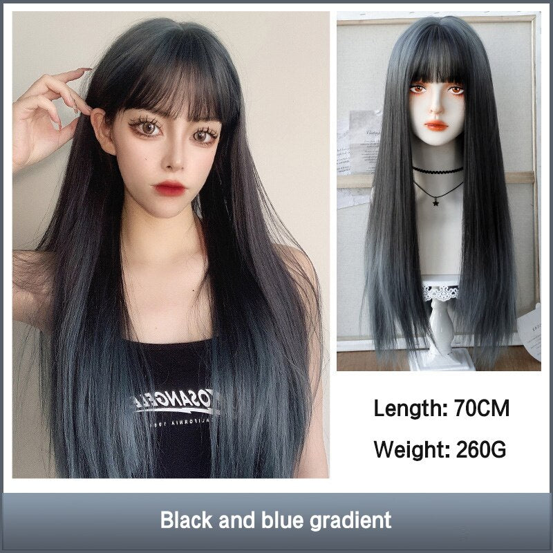 Cosplay Wig With Bangs Synthetic Straight Hair 24 Inch Long Heat-Resistant Pink Wig For Women