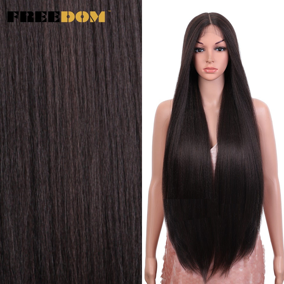 Straight Synthetic Lace Wigs For Women Ombre Brown Handtied Lace Wig 36 Inch Middle Part Long Blue Pink Cosplay Wig