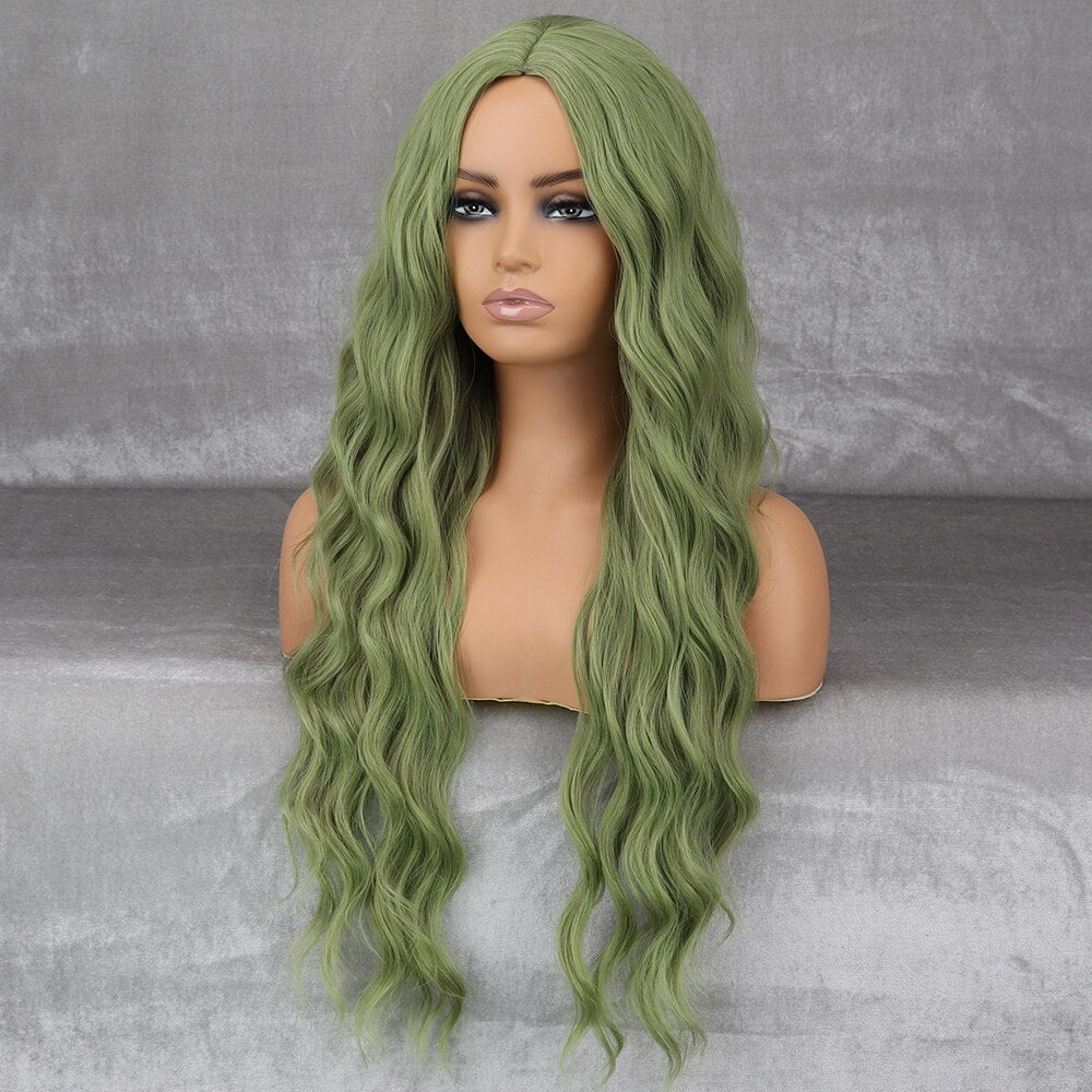 Long Wavy Green Synthetic Wig Women's Heat-Resistant Natural Half Part Cosplay Party Lolita Red Black Pink Wig