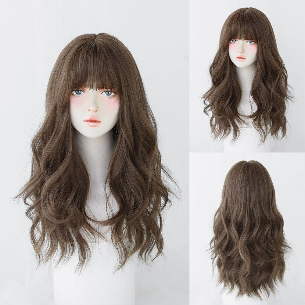 Long Curly Hair Women Wig with Bangs Daily Brown Black Pink Lolita Cosplay Braided Wigs Heat Resistant Fiber