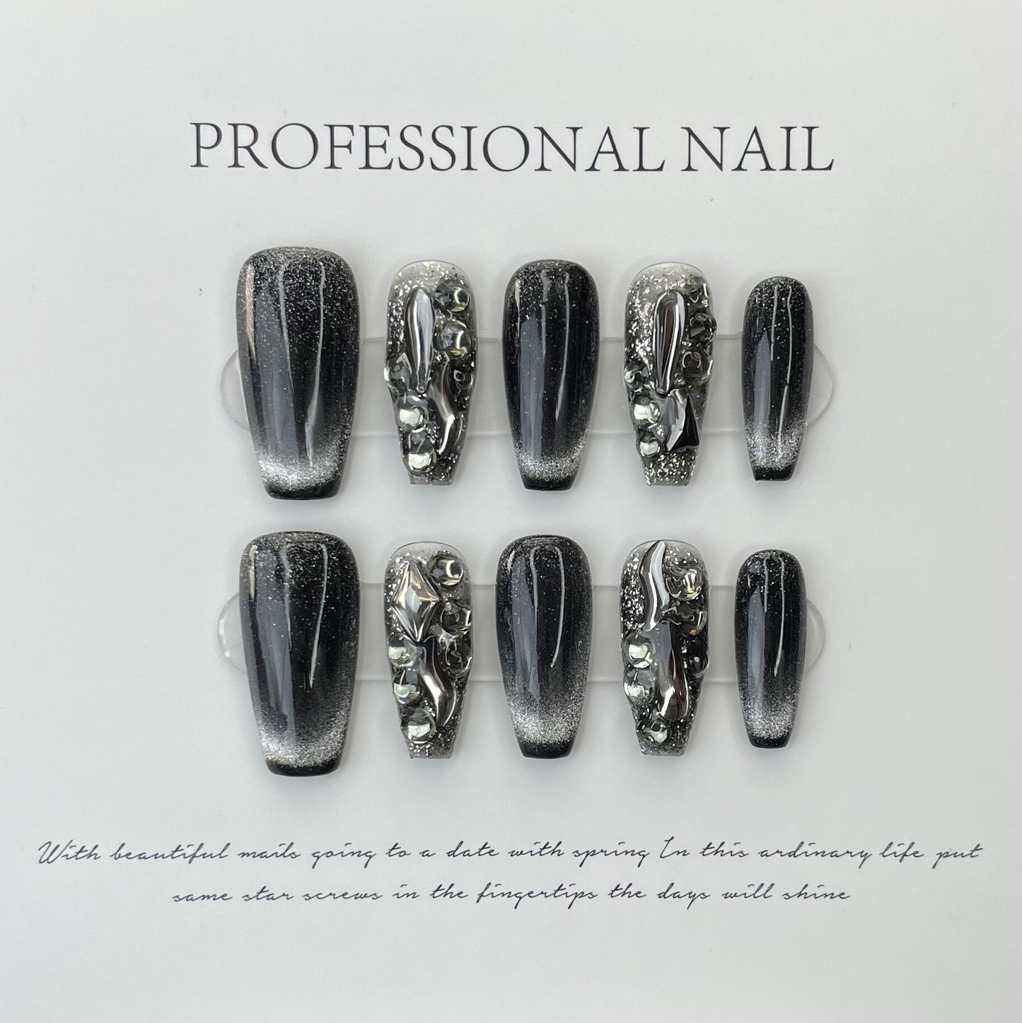 10Pcs Black Y2k False Nails Ballet Handmade Fake Nail Full Cover Nail Tips Wearable Professional Press on Nails with Rhinestone