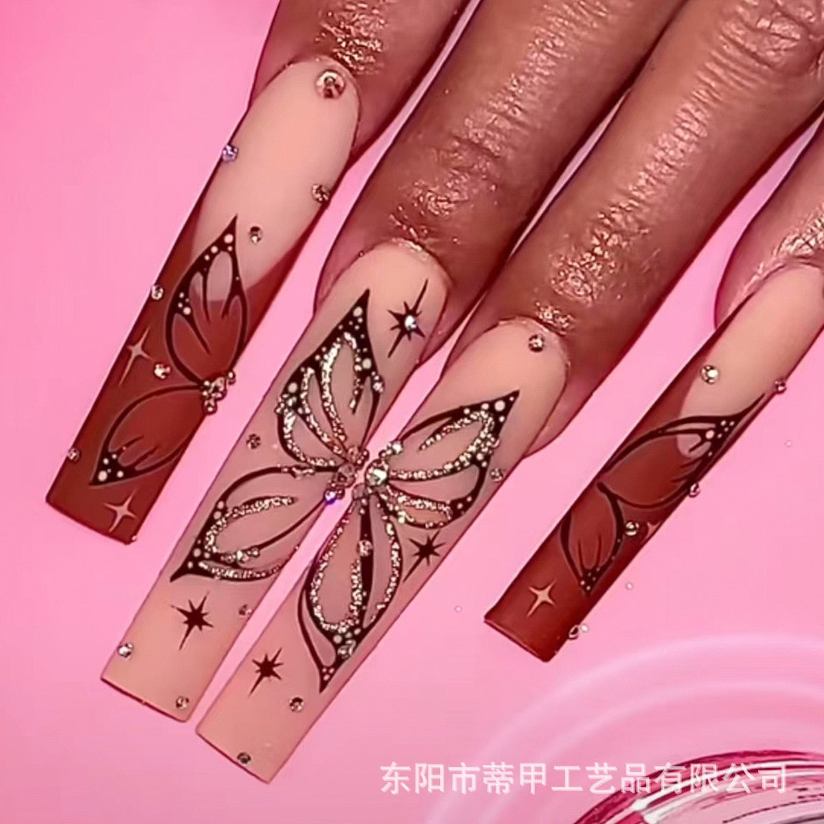 24Pcs Wearable False Nails with glue Long Ballerina Pink Press On Nails French Full Cover Coffin Fake Nails tip with rhinestones