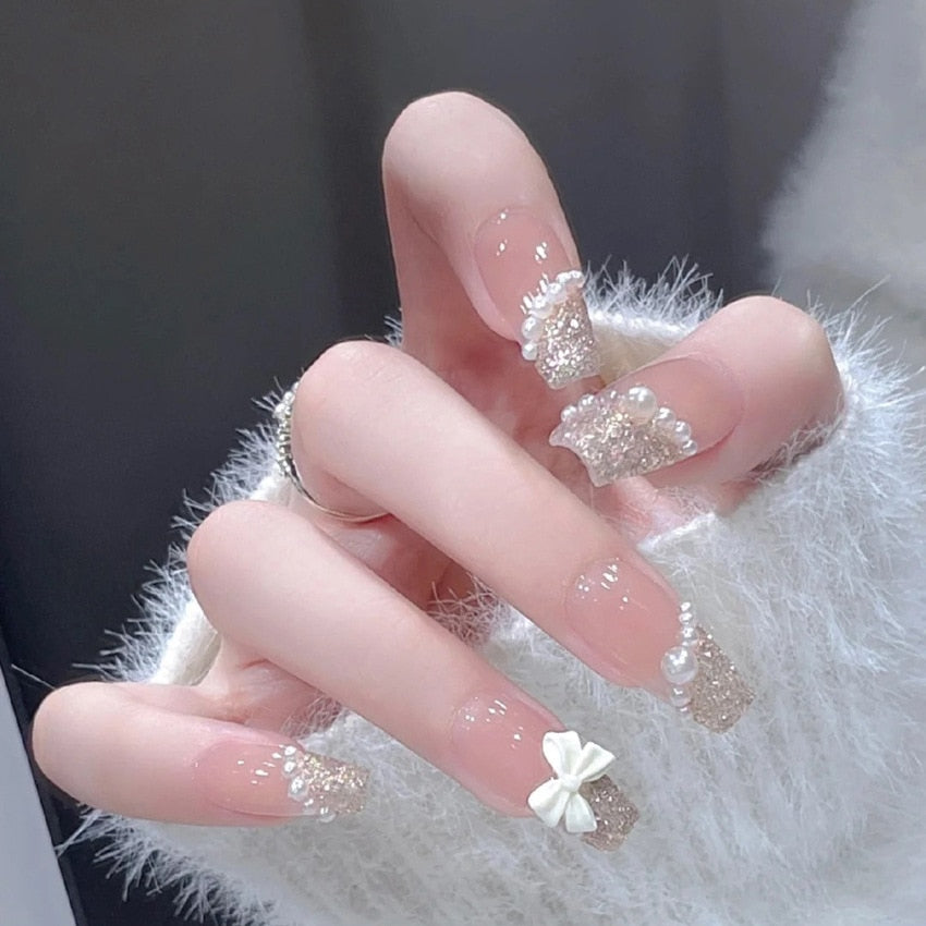 24pcs Butterfly decorated false nails Removable Long Paragraph Manicure fake nail tips full cover acrylic for girls nail