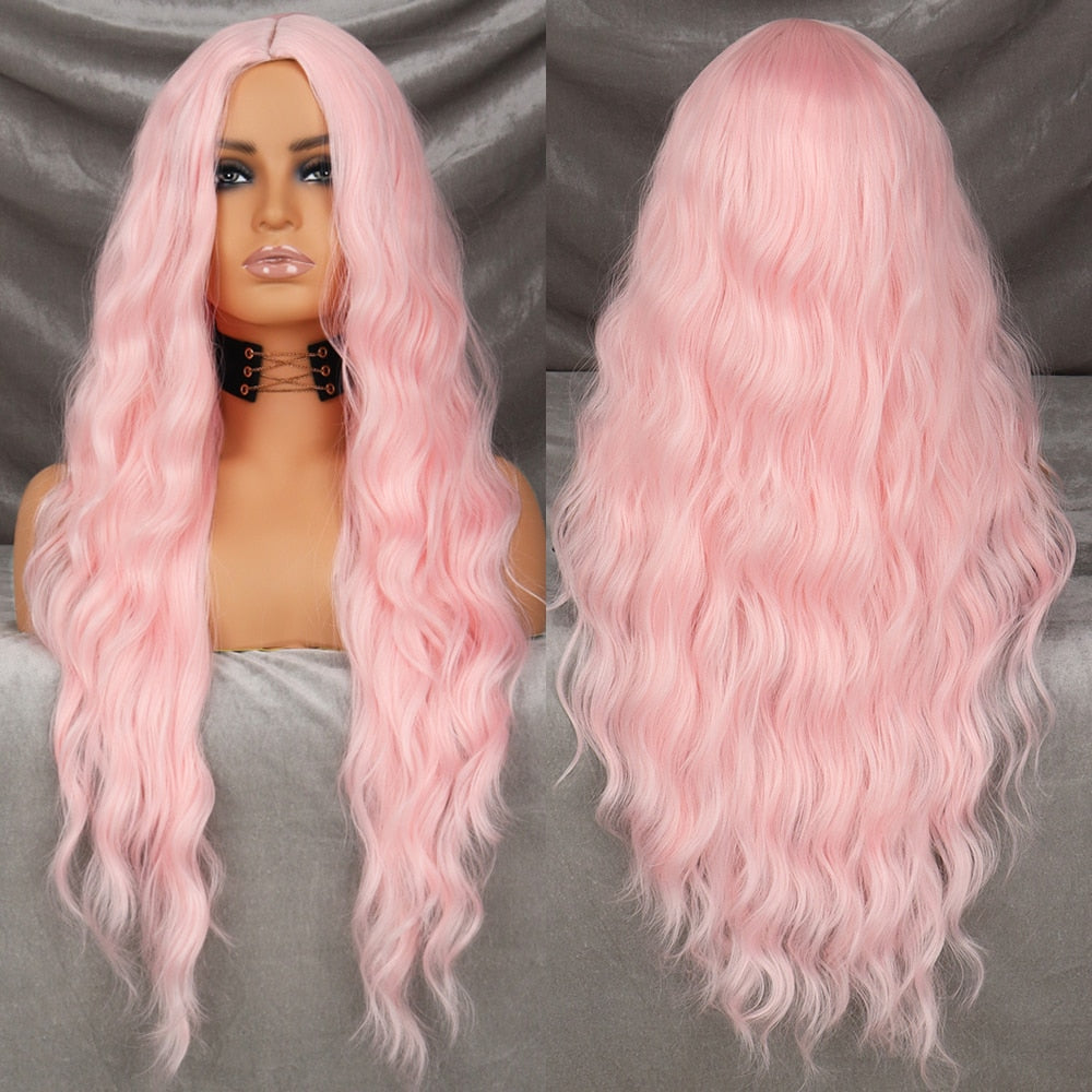 Long Wavy Green Synthetic Wig Women's Heat-Resistant Natural Half Part Cosplay Party Lolita Red Black Pink Wig