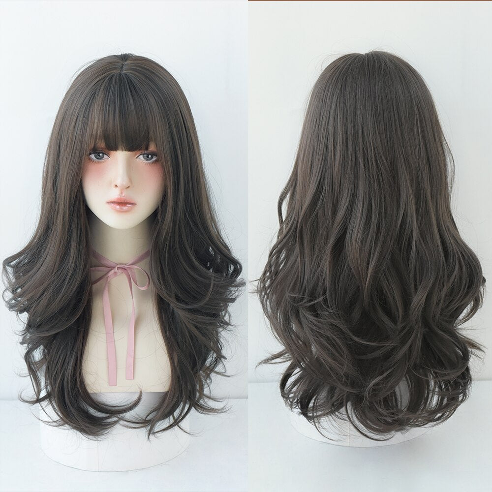 Long Curly Hair Women Wig with Bangs Daily Brown Black Pink Lolita Cosplay Braided Wigs Heat Resistant Fiber