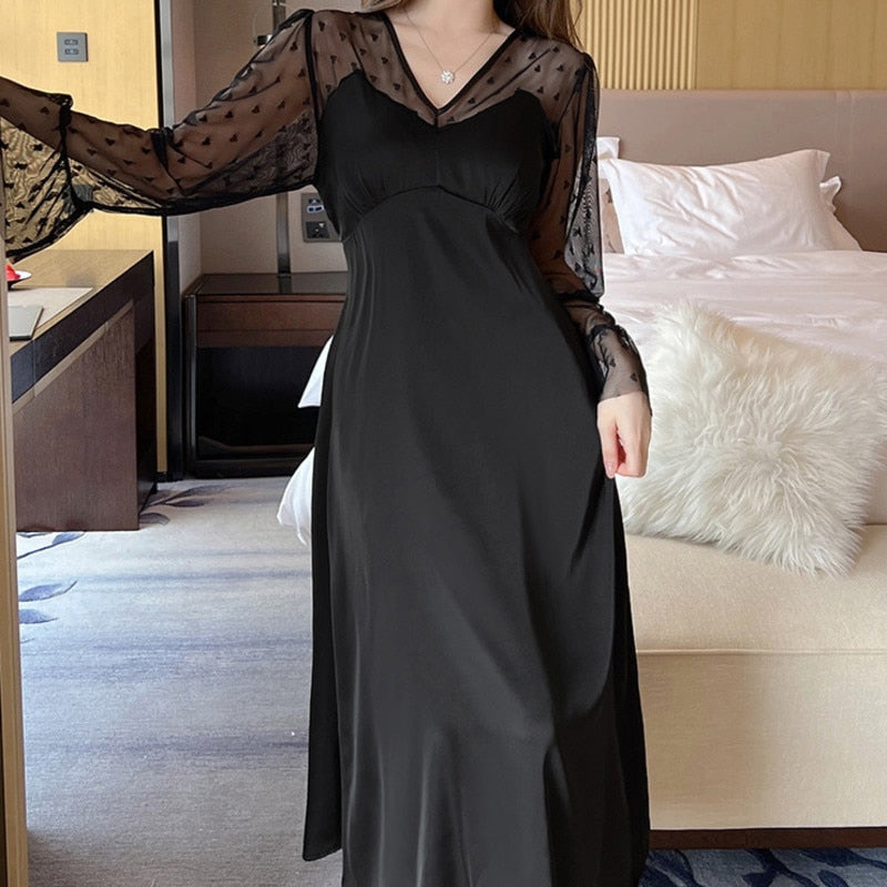 Nightgown Women Sexy Satin Silk Lace Long Sleeve Night Dress Palace Vintage Sleepdress Loose Sleepwear Homewear Home Dresses