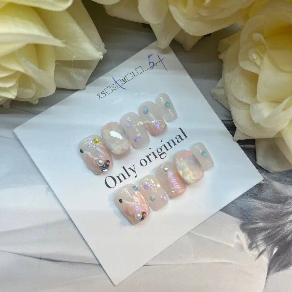 Fishtail Style Handmade Fake Nail Pink And  Blue With Pearls Medium T-shaped Removable And Reuse Press On Nail Sticker With Glue