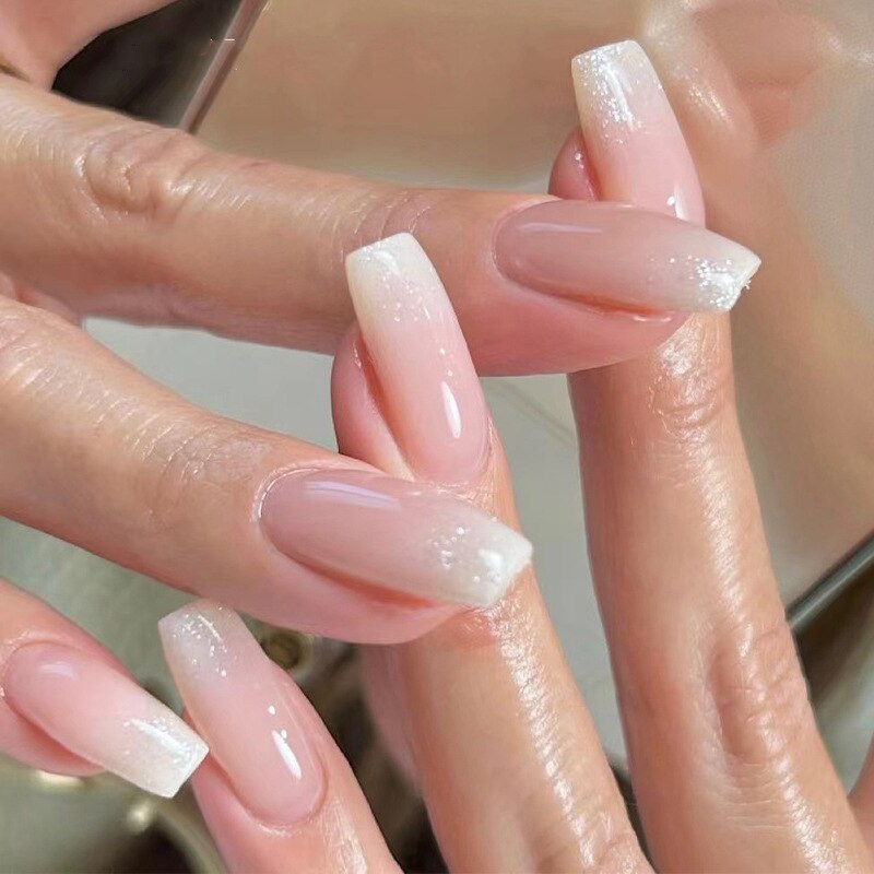 24pcs pink clouds design false nails with glue press on nails medium length acrylic nails coffin full cover nails tips supplies