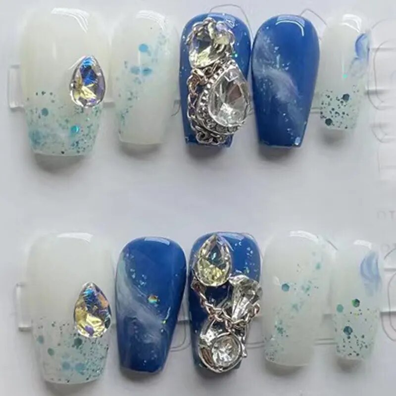Blue Whale Handmade Wearable Fake Nails Mermaid Ocean Wearing Nails Sticker Reusable Press On Nail Patches Decoration